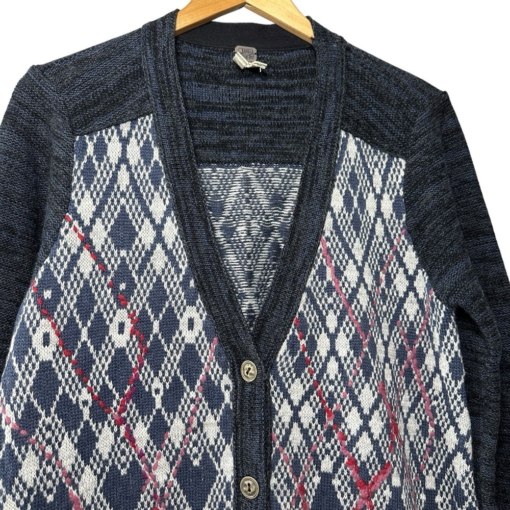 Free People Foxtrot Argyle Knit Cardigan Sweater Women's L Wool Blend‎ Preppy - Picture 4 of 14